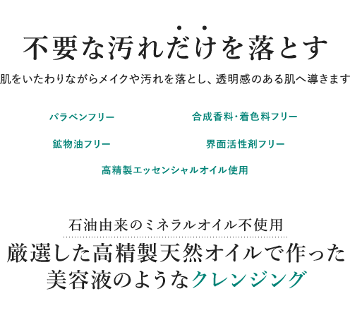 不要な汚れだけを落とす 肌をいたわりながらメイクや汚れを落とし、透明感のある肌へ導きます 石油由来のミネラルオイル不使用 厳選した高精製天然オイルで作った 美容液のようなクレンジング