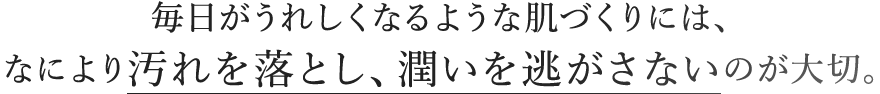 毎日がうれしくなるような肌づくりには、なにより汚れを落とし、潤いを逃がさないのが大切。