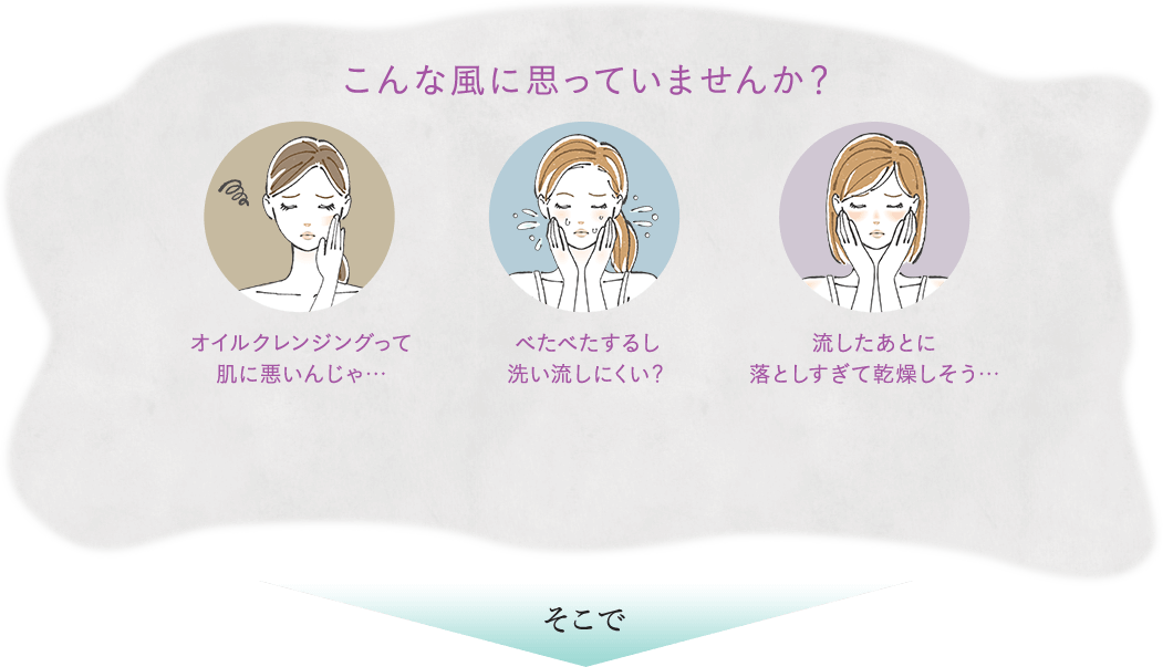 こんな風に思っていませんか？ オイルクレンジングって 肌に悪いんじゃ… べたべたするし 洗い流しにくい？ 流したあとに 落としすぎて乾燥しそう…  そこで